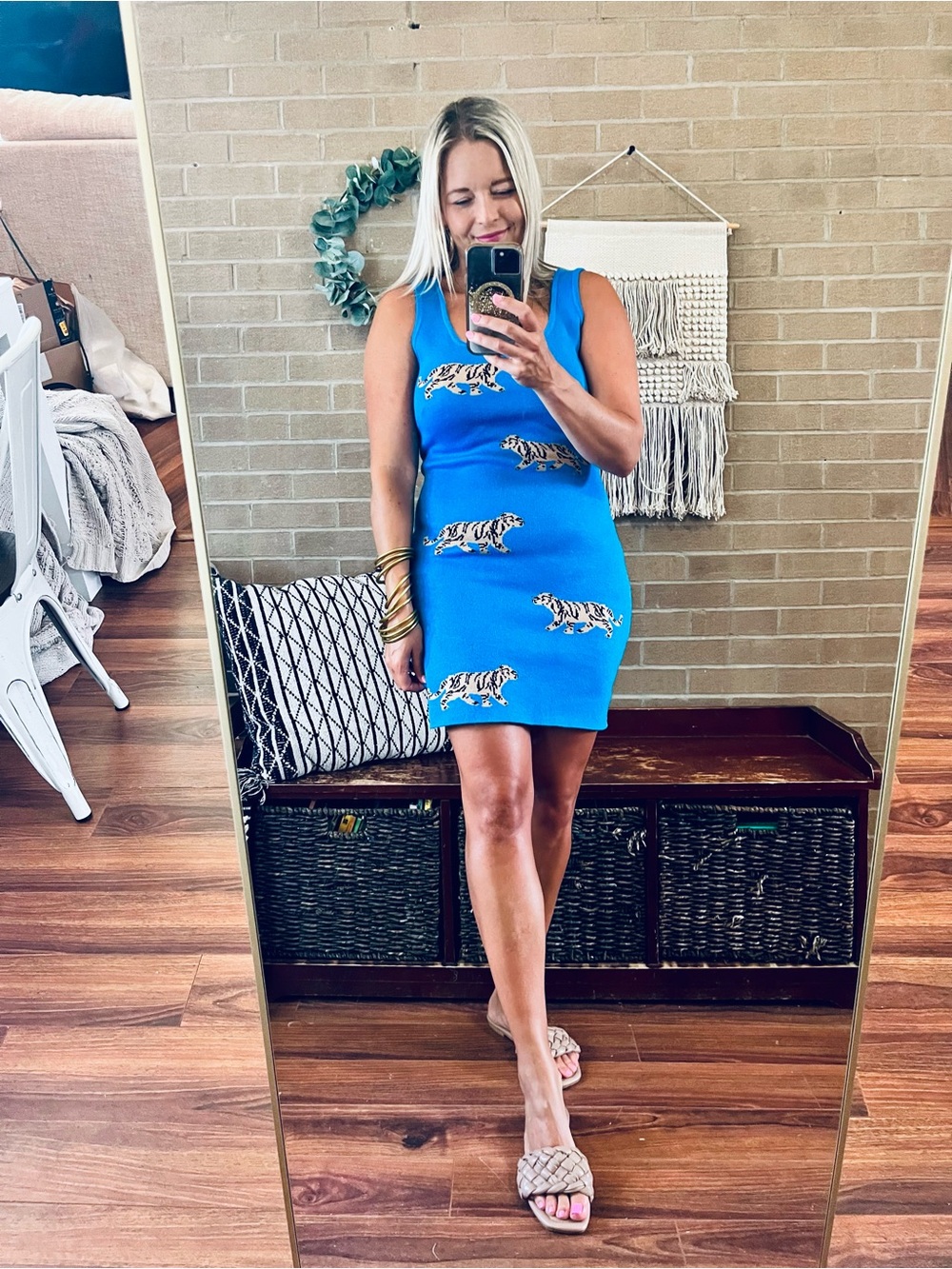 entro Bright Blue Tank Mini Dress with Tiger Embroidery